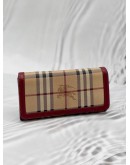BURBERRY LONG FLAP WALLET IN BEIGE HAYMARKET CHECK CANVAS WITH BURGUNDY LEATHER