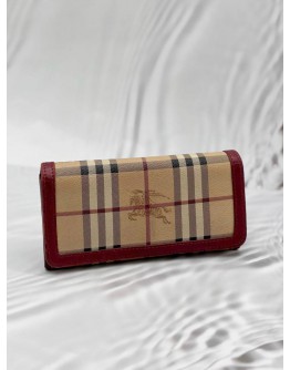 BURBERRY LONG FLAP WALLET IN BEIGE HAYMARKET CHECK CANVAS WITH BURGUNDY LEATHER
