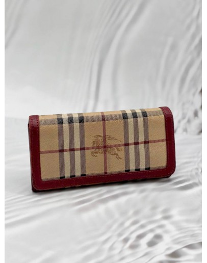BURBERRY LONG FLAP WALLET IN BEIGE HAYMARKET CHECK CANVAS WITH BURGUNDY LEATHER