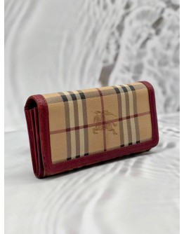 BURBERRY LONG FLAP WALLET IN BEIGE HAYMARKET CHECK CANVAS WITH BURGUNDY LEATHER