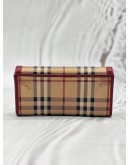 BURBERRY LONG FLAP WALLET IN BEIGE HAYMARKET CHECK CANVAS WITH BURGUNDY LEATHER