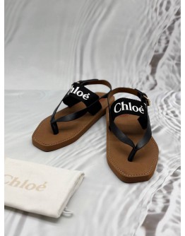 CHLOE WOODY FLAT SANDALS SIZE 41 IN BLACK AND WHITE WITH BROWN