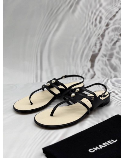 CHANEL PEARL SLINGBACK THONG SANDALS SIZE 41 IN BLACK CALFSKIN LEATHER