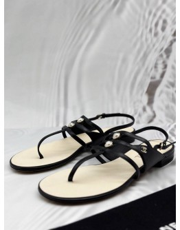 CHANEL PEARL SLINGBACK THONG SANDALS SIZE 41 IN BLACK CALFSKIN LEATHER