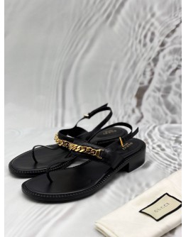 GUCCI CHAIN SLINGBACK THONG SANDALS SIZE 40 IN BLACK CALFSKIN LEATHER