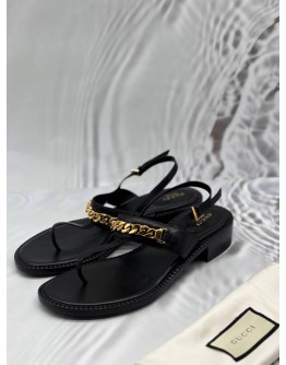 GUCCI CHAIN SLINGBACK THONG SANDALS SIZE 40 IN BLACK CALFSKIN LEATHER