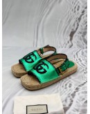 GUCCI DOUBLE G ESPADRILLE SANDALS SIZE 40 IN METALLIC GREEN CALFSKIN LEATHER
