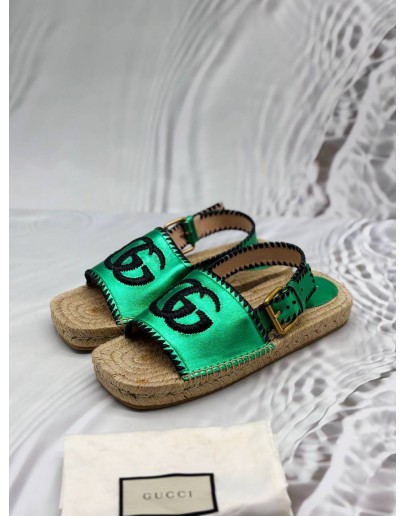 GUCCI DOUBLE G ESPADRILLE SANDALS SIZE 40 IN METALLIC GREEN CALFSKIN LEATHER