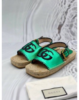 GUCCI DOUBLE G ESPADRILLE SANDALS SIZE 40 IN METALLIC GREEN CALFSKIN LEATHER
