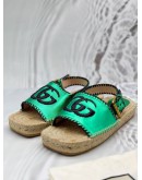 GUCCI DOUBLE G ESPADRILLE SANDALS SIZE 40 IN METALLIC GREEN CALFSKIN LEATHER