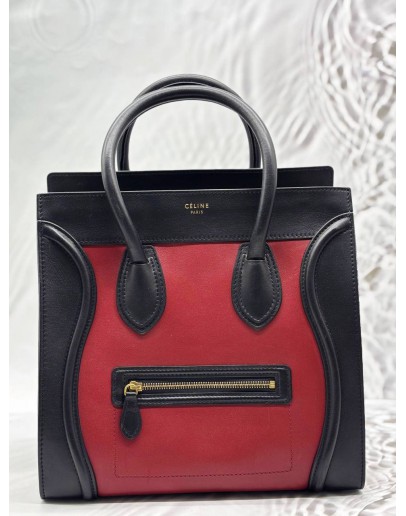 CELINE MINI LUGGAGE TOTE BAG IN TRICOLOR BLACK AND RED WITH BEIGE LEATHER