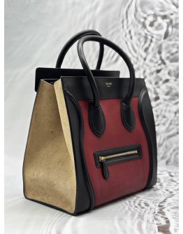 CELINE MINI LUGGAGE TOTE BAG IN TRICOLOR BLACK AND RED WITH BEIGE LEATHER