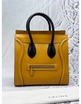 CELINE MINI LUGGAGE TOTE BAG IN MUSTARD YELLOW WITH BLACK LEATHER
