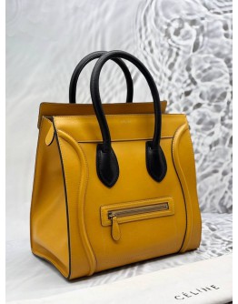 CELINE MINI LUGGAGE TOTE BAG IN MUSTARD YELLOW WITH BLACK LEATHER