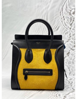 CELINE MICRO LUGGAGE TOTE BAG IN TRICOLOR BLACK AND BLUE LEATHER WITH YELLOW PONY HAIR