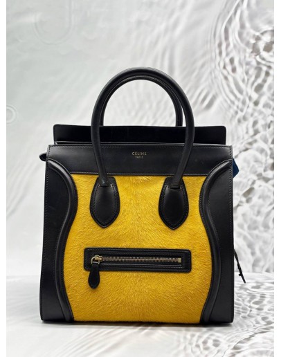 CELINE MICRO LUGGAGE TOTE BAG IN TRICOLOR BLACK AND BLUE LEATHER WITH YELLOW PONY HAIR