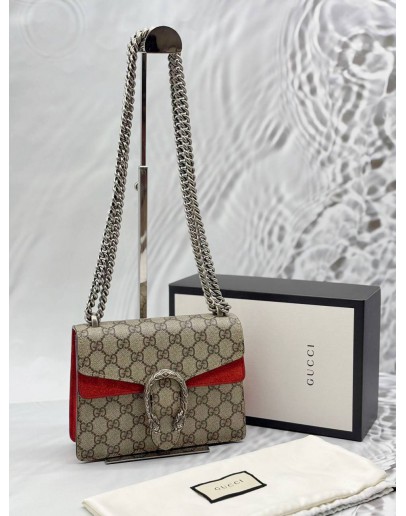 GUCCI DIONYSUS MINI CHAIN BAG IN BEIGE GG SUPREME CANVAS WITH RED SUEDE LEATHER -FULL SET-