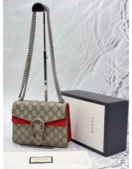 GUCCI DIONYSUS MINI CHAIN BAG IN BEIGE GG SUPREME CANVAS WITH RED SUEDE LEATHER -FULL SET-