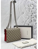 GUCCI DIONYSUS MINI CHAIN BAG IN BEIGE GG SUPREME CANVAS WITH RED SUEDE LEATHER -FULL SET-