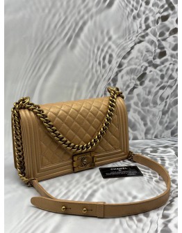 CHANEL MEDIUM BOY SHOULDER BAG IN METALLIC BEIGE CALFSKIN LEATHER