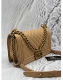 CHANEL MEDIUM BOY SHOULDER BAG IN METALLIC BEIGE CALFSKIN LEATHER
