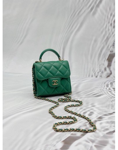 MICROCHIP CHANEL CC FLAP COIN PURSE IN GREEN LAMBSKIN LEATHER