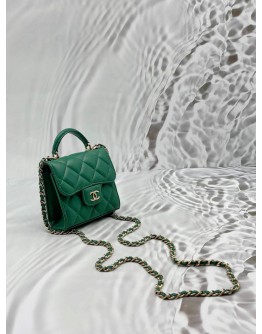 MICROCHIP CHANEL CC FLAP COIN PURSE IN GREEN LAMBSKIN LEATHER