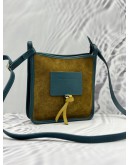 (LIKE NEW) LONGCHAMP LE FOULONNE SMALL CROSSBODY BAG IN OLIVE GREEN SUEDE LEATHER WITH PETROL GREEN CALFSKIN LEATHER