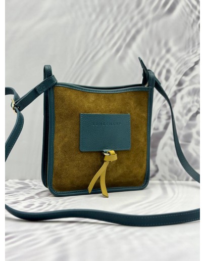 (LIKE NEW) LONGCHAMP LE FOULONNE SMALL CROSSBODY BAG IN OLIVE GREEN SUEDE LEATHER WITH PETROL GREEN CALFSKIN LEATHER