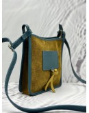 (LIKE NEW) LONGCHAMP LE FOULONNE SMALL CROSSBODY BAG IN OLIVE GREEN SUEDE LEATHER WITH PETROL GREEN CALFSKIN LEATHER