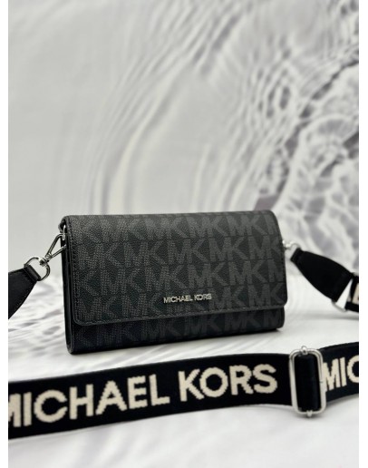 (UNUSED) MICHAEL KORS JET SET WALLET ON STRAP IN GREY SIGNATURE CANVAS WITH BLACK LEATHER