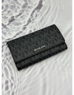 (UNUSED) MICHAEL KORS JET SET WALLET ON STRAP IN GREY SIGNATURE CANVAS WITH BLACK LEATHER