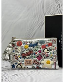 ANYA HINDMARCH ALL OVER STICKERS CLUTCH IN MULTICOLOR METALLIC SILVER -FULL SET-