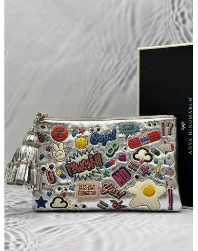 ANYA HINDMARCH ALL OVER STICKERS CLUTCH IN MULTICOLOR METALLIC SILVER -FULL SET-