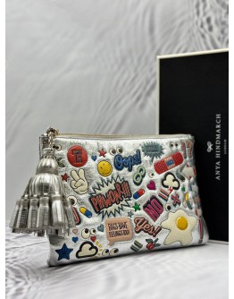 ANYA HINDMARCH ALL OVER STICKERS CLUTCH IN MULTICOLOR METALLIC SILVER -FULL SET-