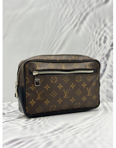 LOUIS VUITTON KASAI CLUTCH IN BROWN MONOGRAM MACASSAR CANVAS WITH BLACK LEATHER