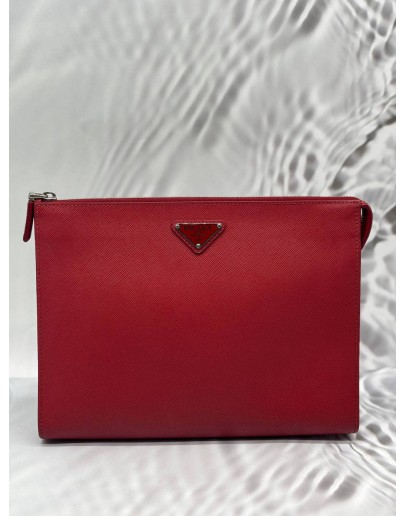 PRADA ZIP POUCH IN RED SAFFIANO LEATHER