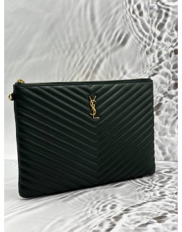 YSL SAINT LAURENT CASSANDRE DOCUMENT HOLDER POUCH IN DARK GREEN MATELASSE LEATHER