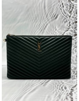 YSL SAINT LAURENT CASSANDRE DOCUMENT HOLDER POUCH IN DARK GREEN MATELASSE LEATHER