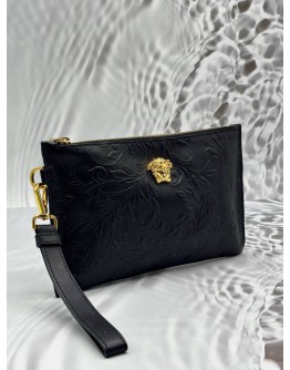 VERSACE LA MEDUSA FLORAL POUCH IN BLACK EMBOSSED LEATHER