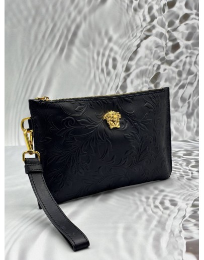 VERSACE LA MEDUSA FLORAL POUCH IN BLACK EMBOSSED LEATHER