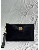 VERSACE LA MEDUSA FLORAL POUCH IN BLACK EMBOSSED LEATHER