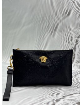 VERSACE LA MEDUSA FLORAL POUCH IN BLACK EMBOSSED LEATHER