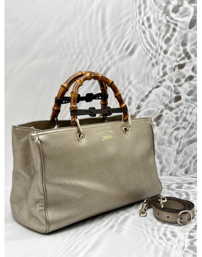GUCCI MEDIUM BAMBOO SHOPPER TOTE IN CHAMPAGNE CALFSKIN LEATHER
