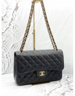 CHANEL CLASSIC JUMBO DOUBLE FLAP SHOULDER BAG IN BLACK CAVIAR LEATHER