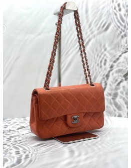 CHANEL SMALL CLASSIC DOUBLE FLAP SHOULDER BAG IN ORANGE CALFSKIN LEATHER