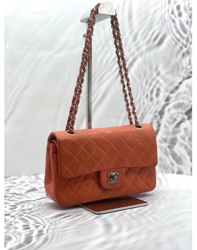 CHANEL SMALL CLASSIC DOUBLE FLAP SHOULDER BAG IN ORANGE CALFSKIN LEATHER