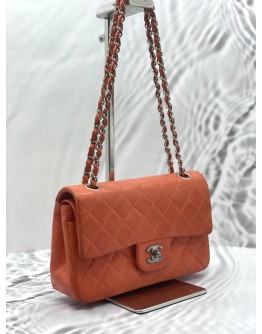 CHANEL SMALL CLASSIC DOUBLE FLAP SHOULDER BAG IN ORANGE CALFSKIN LEATHER