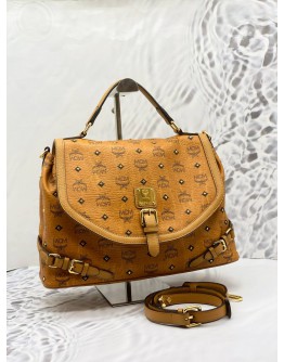 (LIKE NEW) MCM TOP HANDLE BAG IN BROWN VISETOS LEATHER WITH STRAP