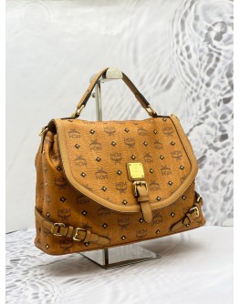 (LIKE NEW) MCM TOP HANDLE BAG IN BROWN VISETOS LEATHER WITH STRAP